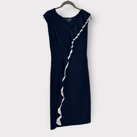 Lauren Ralph Lauren Navy Blue White Ruffle Classic Preppy Mini Dress- Size 2 - Picture 4 of 8